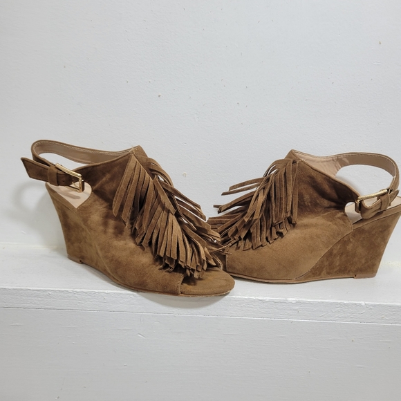 Open Back Cowgirl Fringed Open Toed Brown Suede Sandal Wedges size 6.5 - Picture 1 of 10